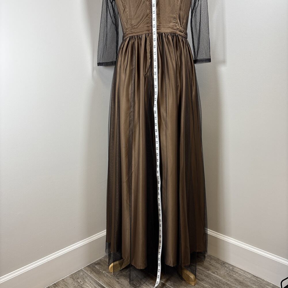 Bronze Satin Sheer Black Overlay Long Sleeve Formal Gown Whimsigoth Dark Boho M - Picture 6 of 12